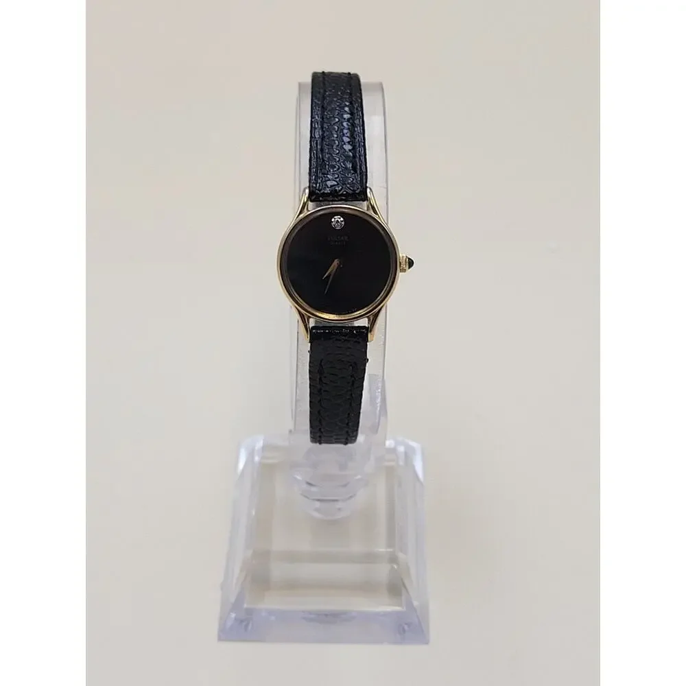 Pulsar Quarzt Women's Watch Y150-0150 Gold Tone Black Dial Diamond Accent Vtg